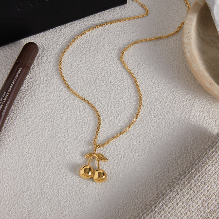 Collier pendentif femme en acier inoxydable doré, motif cerise douce (1 pièce)