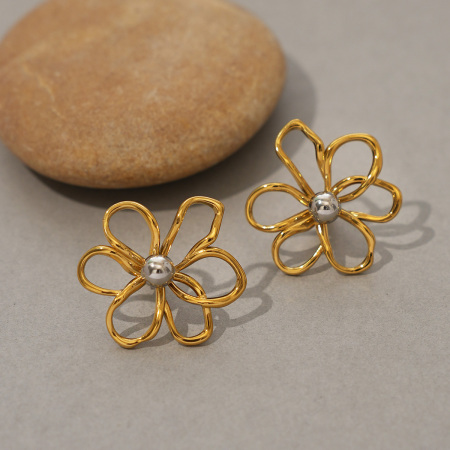 Boucles d'oreilles puces pour femme, en acier inoxydable doré, imperméables, avec motif floral naturel simple (1 paire). 2