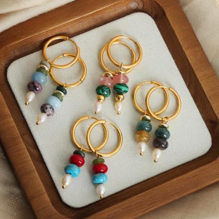 Boucles d'oreilles pendantes élégantes pour femme, en acier inoxydable imperméable, perles et pierres naturelles (1 paire). 2