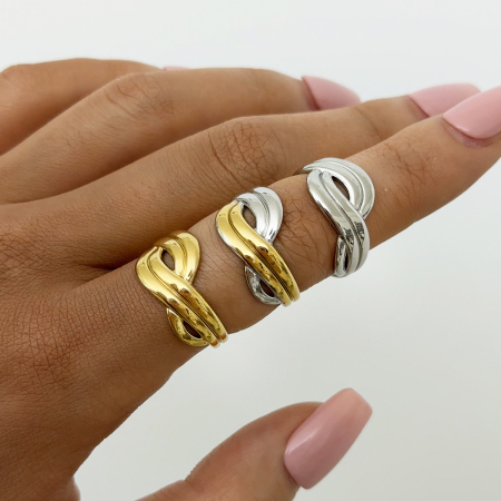 Bague tendance moderne en acier inoxydable doré, forme croisée, étanche (1 pièce).