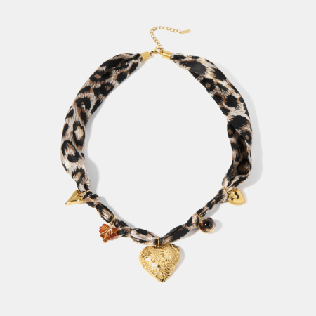 Collier pendentif cœur en acier inoxydable imperméable à motif léopard 2