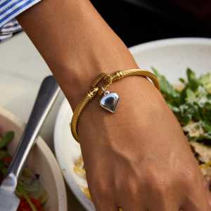 Bracelet Jonc Femme Simple En Forme De Cœur, En Acier Inoxydable, Étanche, Couleur Or Et Argent h5 Image4