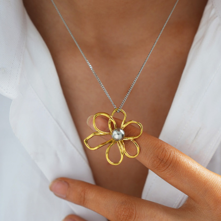 Collier pendentif femme/homme en acier inoxydable, couleur or, avec fleur naturelle simple (1 pièce)