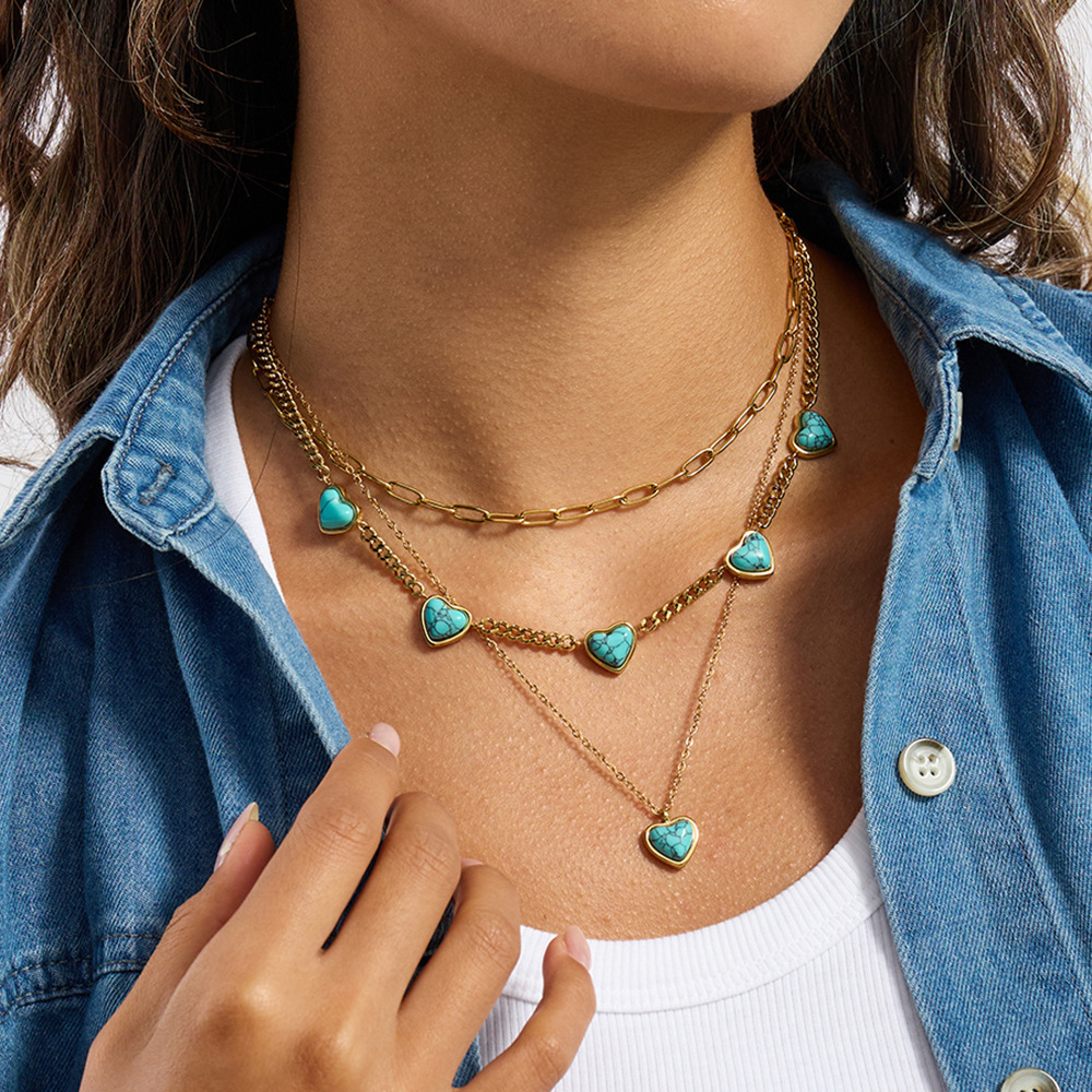 Ensembles De Bijoux Pour Femmes En Acier Inoxydable Imperméables, Motif Cœur Classique En Calaïte Image2