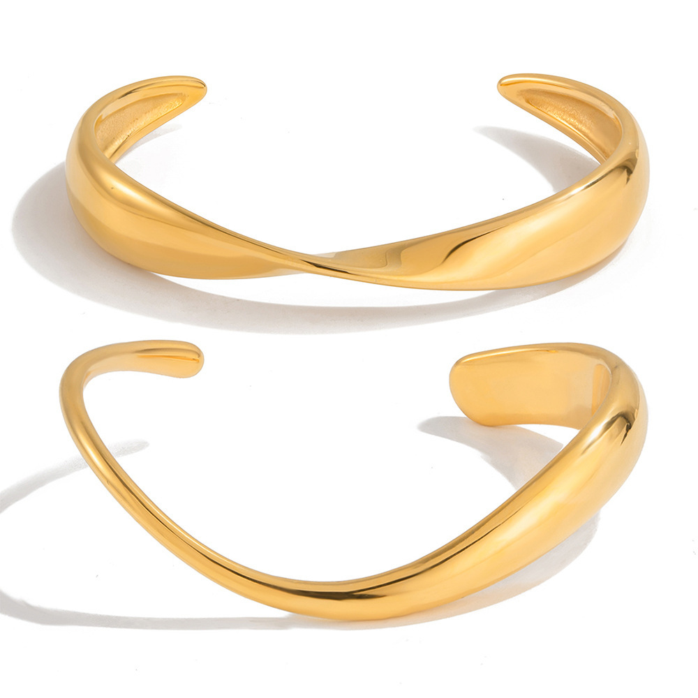 Bracelet Manchette Classique Incurvé En Acier Inoxydable Étanche Couleur Or Pour Femme (1 Pièce) Image7