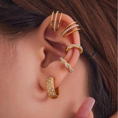 1 paire de boucles d'oreilles manchette d'oreille femme en acier inoxydable doré, étanches, serties de zircon, motif torsadé.