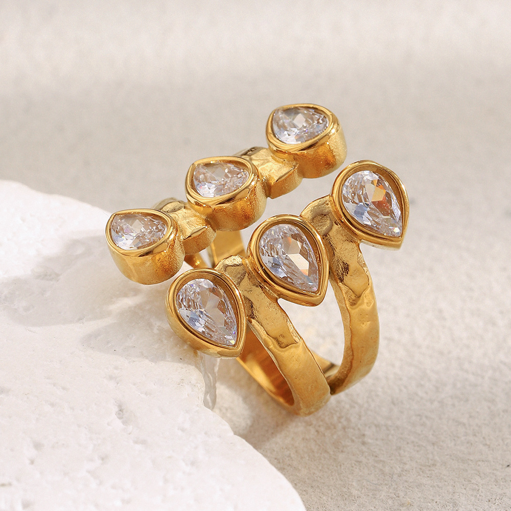 Bague Élégante Pour Femme, En Acier Inoxydable Double Couche, Étanche, Couleur Or, Ornée D'Un Zircon. Image3