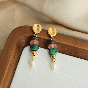 Boucles D'Oreilles Pendantes Pour Femme, En Acier Inoxydable Doré, Avec Perles De Pierre Naturelle Personnalisables (1 Paire). h5 Image5