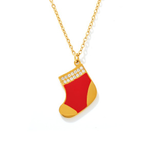 Colliers Pendentifs Pour Femmes En Acier Inoxydable Imperméable, Motif Chaussette De Noël Classique h5