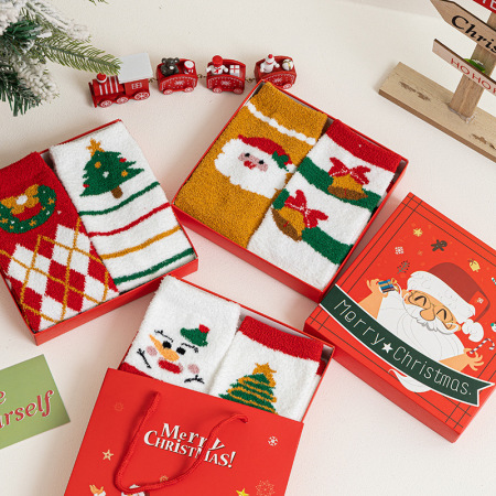 Coffret cadeau de Noël en polaire corail épaisse pour femmes, chaussettes mi-mollet 2