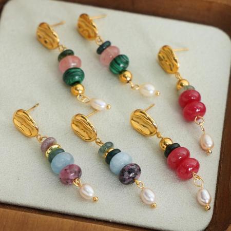 Boucles d'oreilles pendantes pour femme, en acier inoxydable doré, avec perles de pierre naturelle personnalisables (1 paire). 2