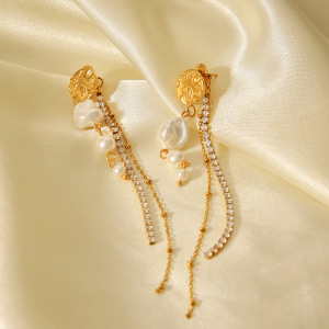 Boucles D'Oreilles Simples À Pompons Pour Femmes, En Acier Inoxydable Imperméable, Couleur Or, Avec Perles (1 Paire). h5 Image6