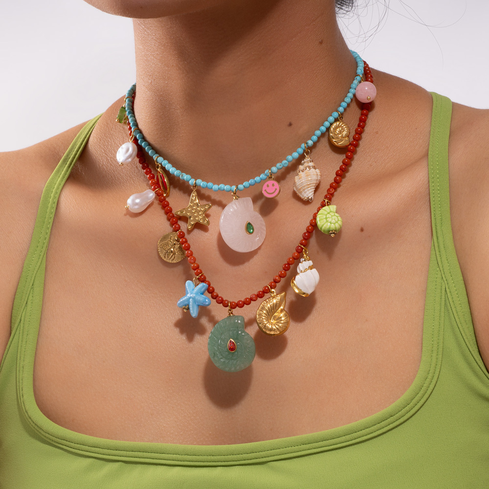 Collier De Perles Romantique Pour Femme, En Acier Inoxydable, Couleur Or, Avec Coquillage, Pierre Naturelle Et Pierres Naturelles (1 Pièce) Image5
