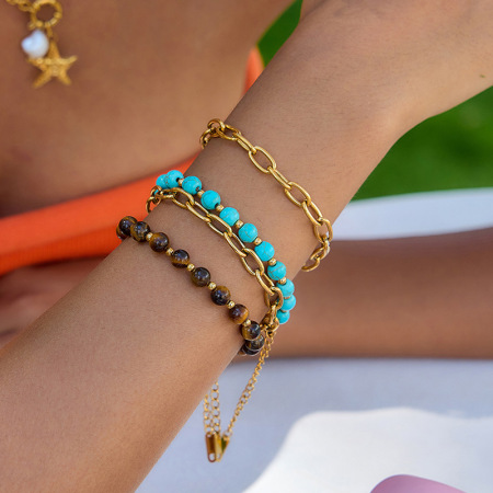 Ensemble de 1 bracelet pour femme en acier inoxydable étanche, composé de perles en pierre naturelle double couche. 2