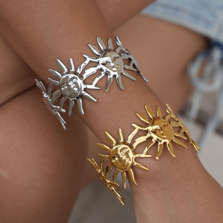 Bracelet manchette femme Simple Series Retro Sun en acier inoxydable étanche couleur or (1 pièce)
