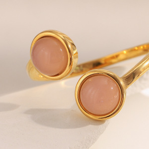Bague Classique Ronde Pour Femme En Acier Inoxydable, Étanche, Couleur Or, Avec Pierre Naturelle (1 Pièce). h5 Image6