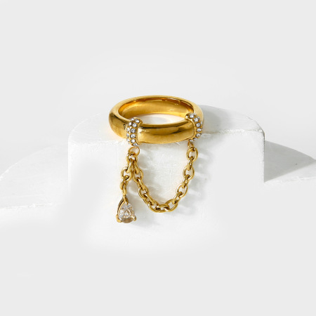 Bague de luxe rétro en acier inoxydable étanche avec zircon et chaîne goutte d'eau (1 pièce)
