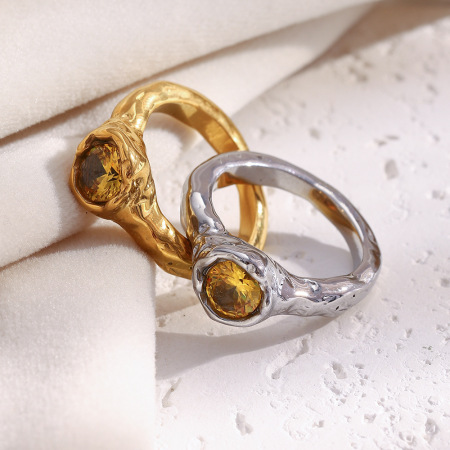 Bague pour femme en acier inoxydable fin, étanche, couleur or, ornée de pierres précieuses (1 pièce). 2