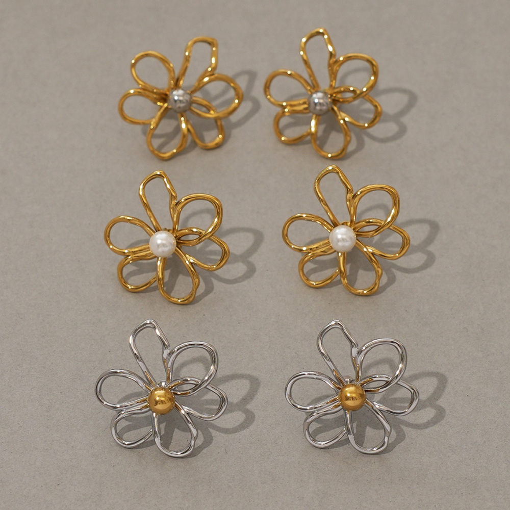 Boucles D'Oreilles Puces Pour Femme, En Acier Inoxydable Doré, Imperméables, Avec Motif Floral Naturel Simple (1 Paire). Image5