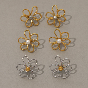 Boucles D'Oreilles Puces Pour Femme, En Acier Inoxydable Doré, Imperméables, Avec Motif Floral Naturel Simple (1 Paire). h5 Image5