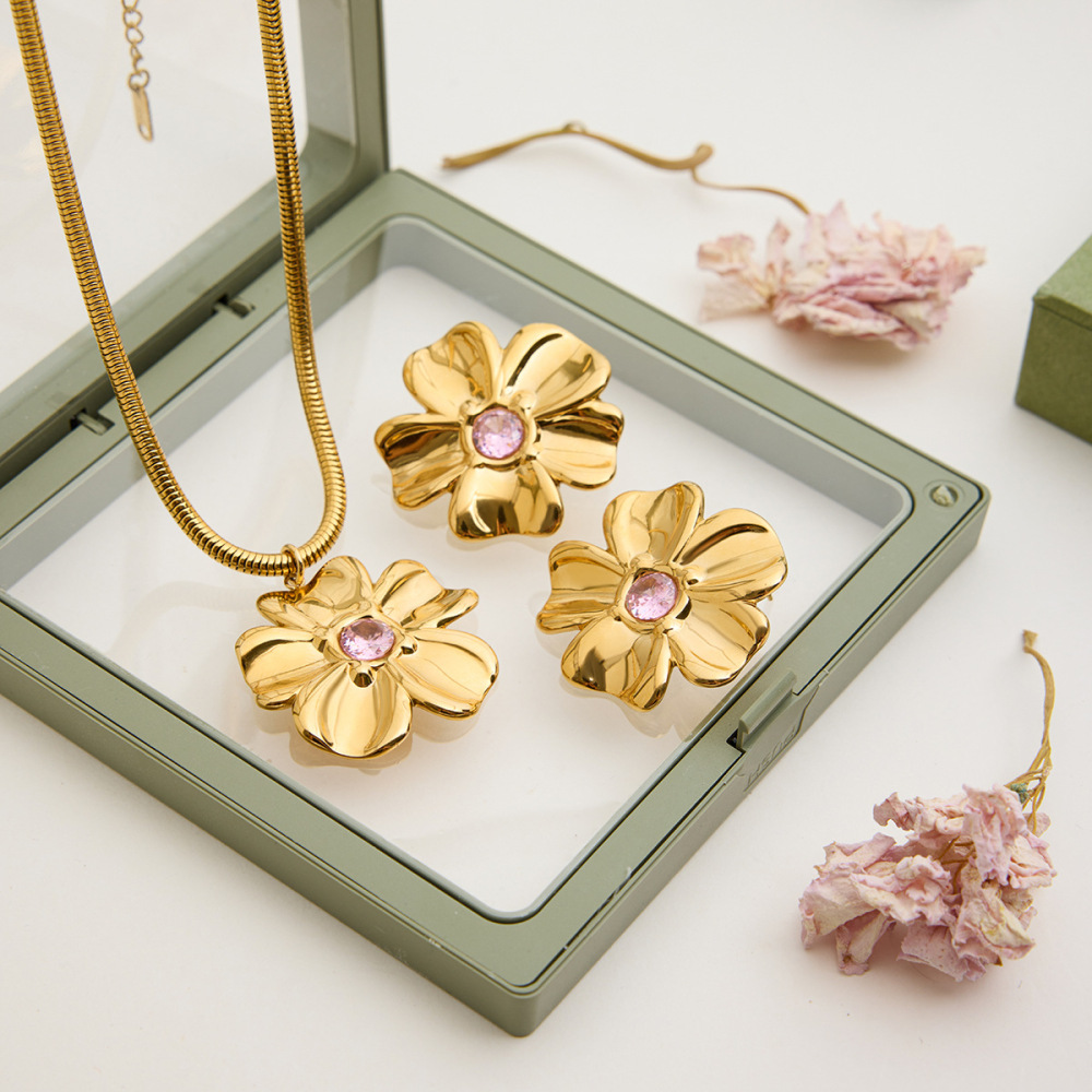 Ensembles De Bijoux Pour Femmes Sweet Flower En Acier Inoxydable Étanche Couleur Or Image2