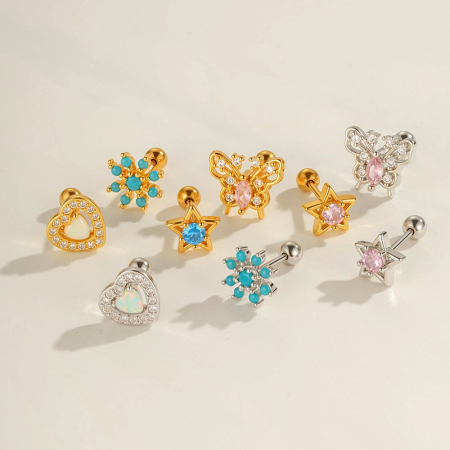 1 boucle d'oreille piercing en forme de cœur et de papillon en cuivre et zircon couleur or