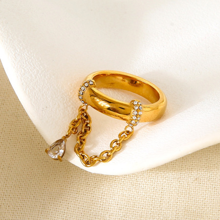 Bague de luxe rétro en acier inoxydable étanche avec zircon et chaîne goutte d'eau (1 pièce) 2