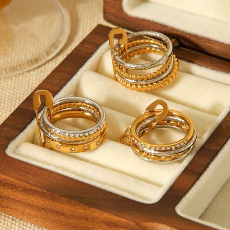 Bague élégante en acier inoxydable multicolore étanche avec zircon (1 pièce) 2