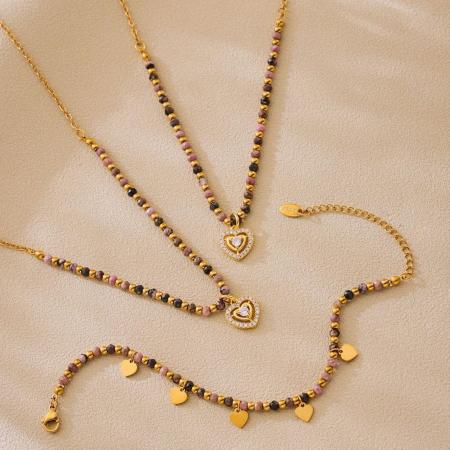 Ensembles de bijoux pour femmes en acier inoxydable doré, imperméables, en forme de cœur vintage et ornés de pierres naturelles