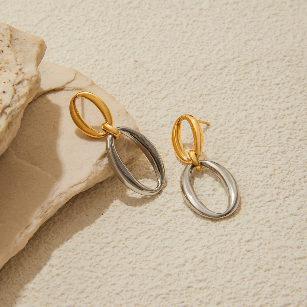 1 Paire De Boucles D'Oreilles Pendantes Classiques À Double Cercle En Acier Inoxydable Étanche Couleur Or Pour Femme h5Image4