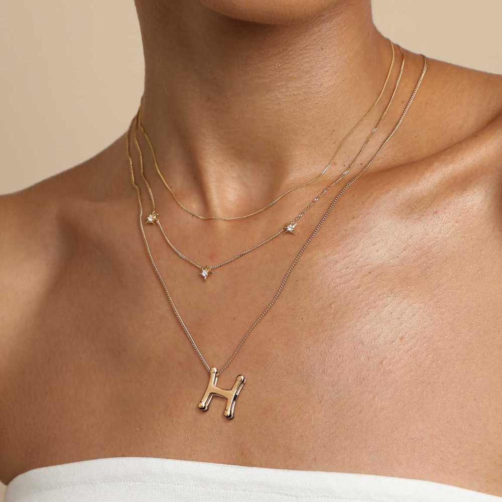 Collier Pendentif Femme Classique En Acier Inoxydable, Couleur Or, Lettre H (1 Pièce) Image6