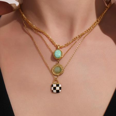 Colliers pendentifs ovales élégants en calaïte, acier inoxydable et étanches pour femmes