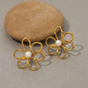 1 Paire De Boucles D'Oreilles Puces Rétro À Fleurs En Acier Inoxydable Étanche Couleur Or Pour Femme h5 Image4