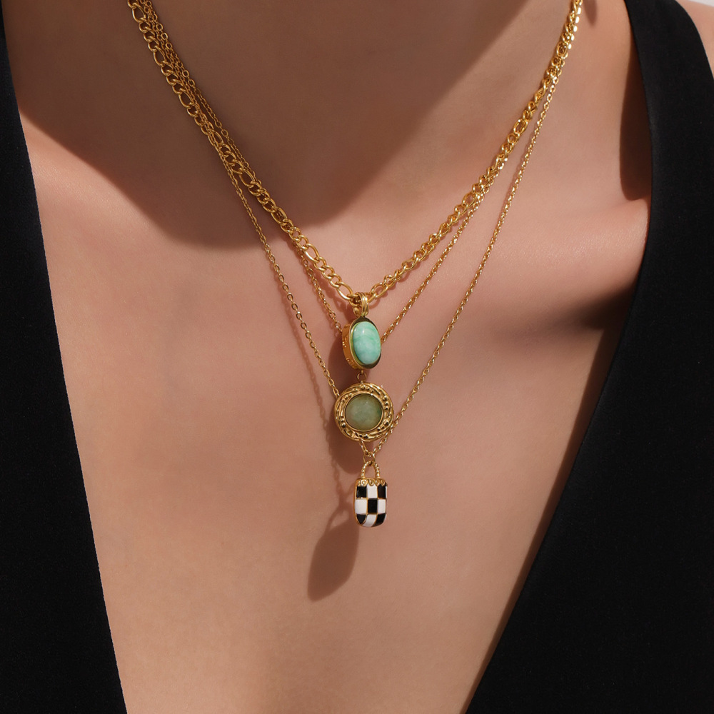 Colliers Pendentifs Ovales Élégants En Calaïte, Acier Inoxydable Et Étanches Pour Femmes Image4