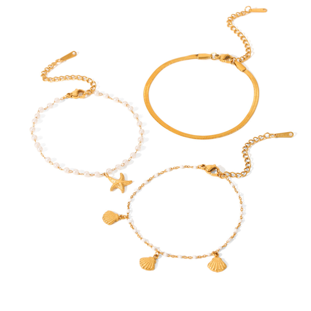 1 Ensemble De Bracelets Perlés Simples Pour Femmes, En Acier Inoxydable Imperméable Couleur Or, Pour Un Usage Quotidien. Image6