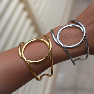 Bracelet Manchette Pour Femme, En Acier Inoxydable, Étanche, De Forme Irrégulière Et Naturelle (1 Pièce). h5 Image8