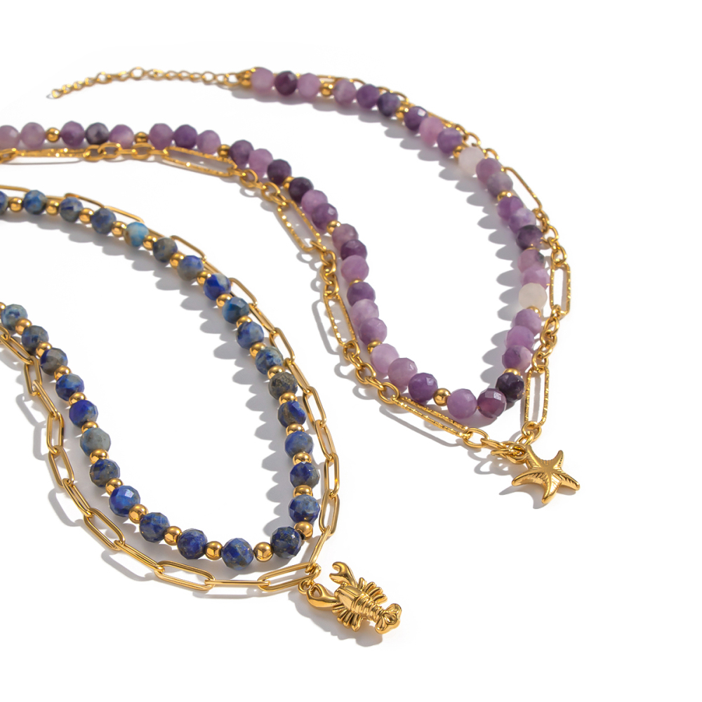 Collier En Acier Inoxydable Étanche Couleur Or Avec Perles De Pierre Naturelle (1 Pièce) Image6