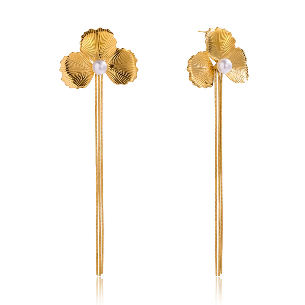 Boucles D'Oreilles Pendantes Élégantes Pour Femme, En Acier Inoxydable Doré, Avec Pompon Et Fleur, Imperméables (1 Paire).