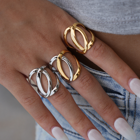 Bague tendance en acier inoxydable doré, forme simple à cercles superposés, étanche. 2