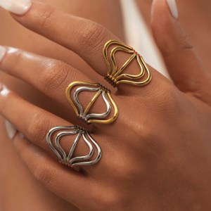 Bague Femme Tendance, Style Décontracté, Lignes Irrégulières, En Acier Inoxydable, Couleur Or, Étanche. h5 Image4