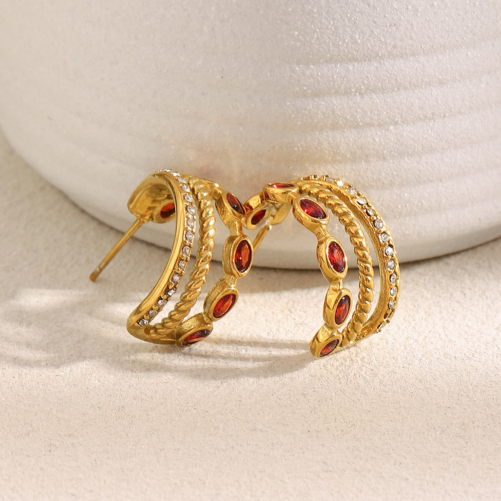 1 Paire De Boucles D'Oreilles Créoles Classiques Pour Femme, En Acier Inoxydable Étanche, Couleur Or, Avec Zircon Rouge Image5
