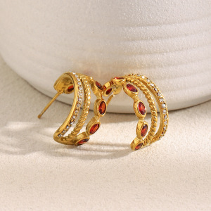 1 Paire De Boucles D'Oreilles Créoles Classiques Pour Femme, En Acier Inoxydable Étanche, Couleur Or, Avec Zircon Rouge h5 Image5