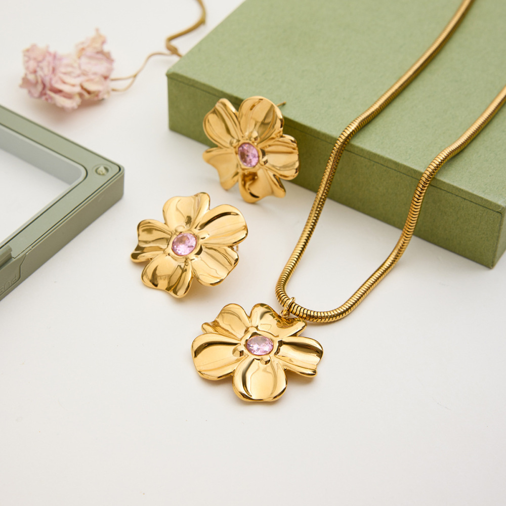 Ensembles De Bijoux Pour Femmes Sweet Flower En Acier Inoxydable Étanche Couleur Or Image5