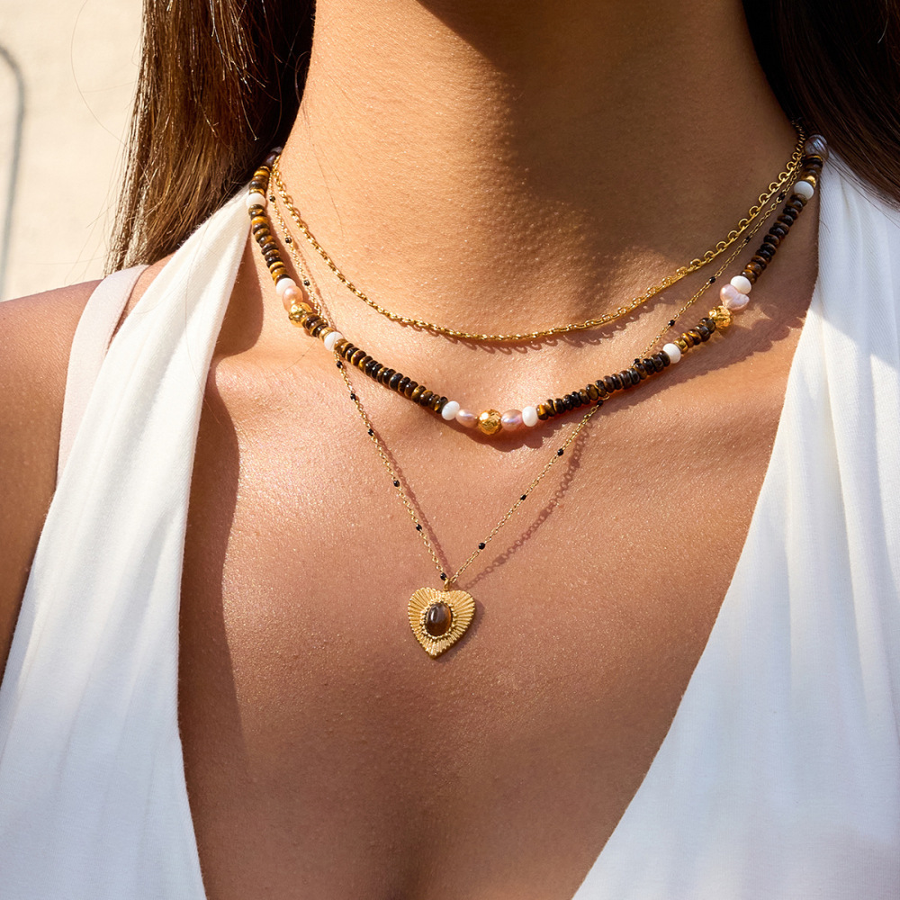 Collier Pendentif Femme Classique En Forme De Cœur, En Acier Inoxydable Étanche, Couleur Or, Avec Pierre Naturelle (1 Pièce) Image2
