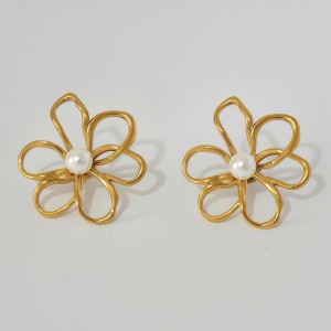 1 Paire De Boucles D'Oreilles Puces Rétro À Fleurs En Acier Inoxydable Étanche Couleur Or Pour Femme h5