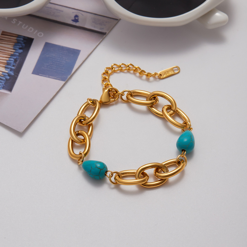 Bracelet Rétro En Perles De Calaïte, Chaîne En Acier Inoxydable Étanche, Couleur Or, Pour Femme (1 Pièce). Image4