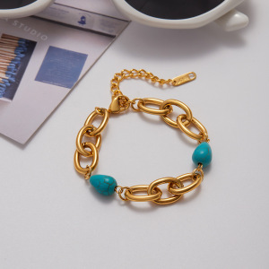Bracelet Rétro En Perles De Calaïte, Chaîne En Acier Inoxydable Étanche, Couleur Or, Pour Femme (1 Pièce). h5 Image4