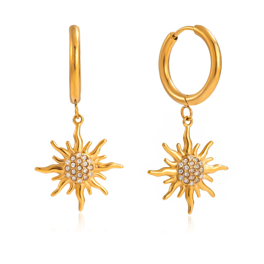 1 Paire De Boucles D'Oreilles Pendantes Pour Femme, En Acier Inoxydable Doré, Avec Motif Soleil Complexe.