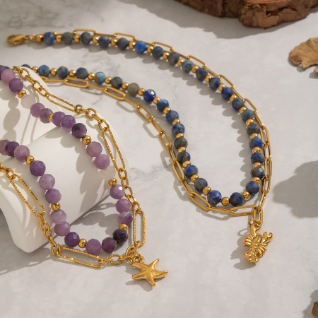 Collier en acier inoxydable étanche couleur or avec perles de pierre naturelle (1 pièce)