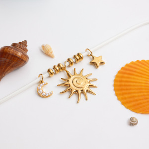 Collier Pendentif Élégant Pour Femme, En Acier Inoxydable Étanche, Motif Soleil, Étoile Et Lune (1 Pièce) h5 Image6